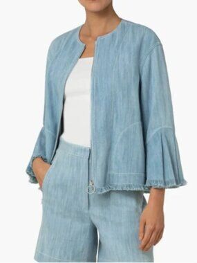 Akris Punto Ruffle Cuff Raw Edge Denim Jacket Light Blue Frayed Hem Size 14